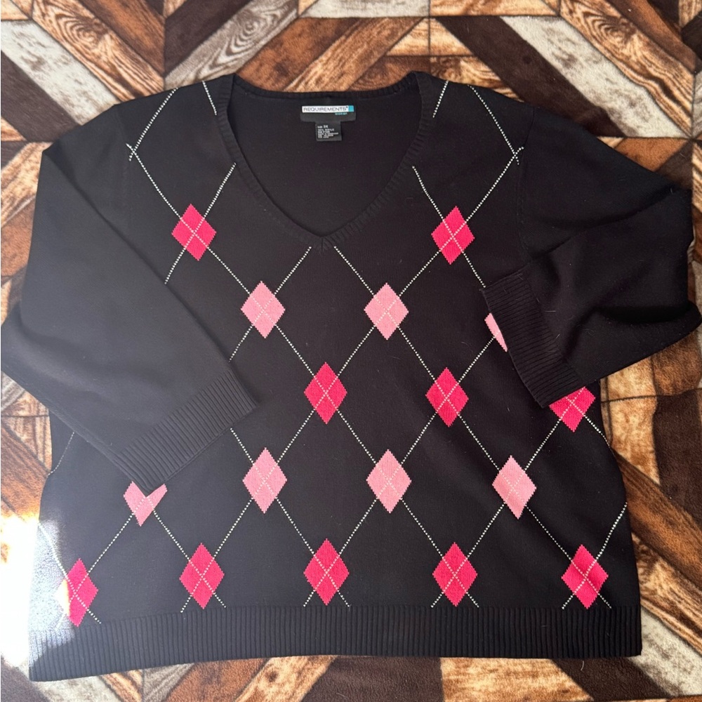 Requirements Black V-Neck Sweater with Pink Argyle Diamonds